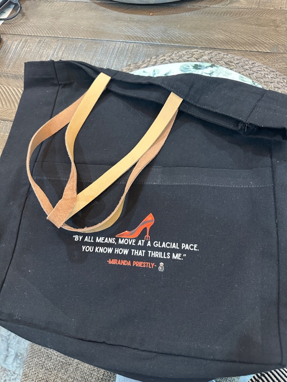 Black Canvas Tote Bag with Tan leather Straps “Devil Wears Prada Quote”